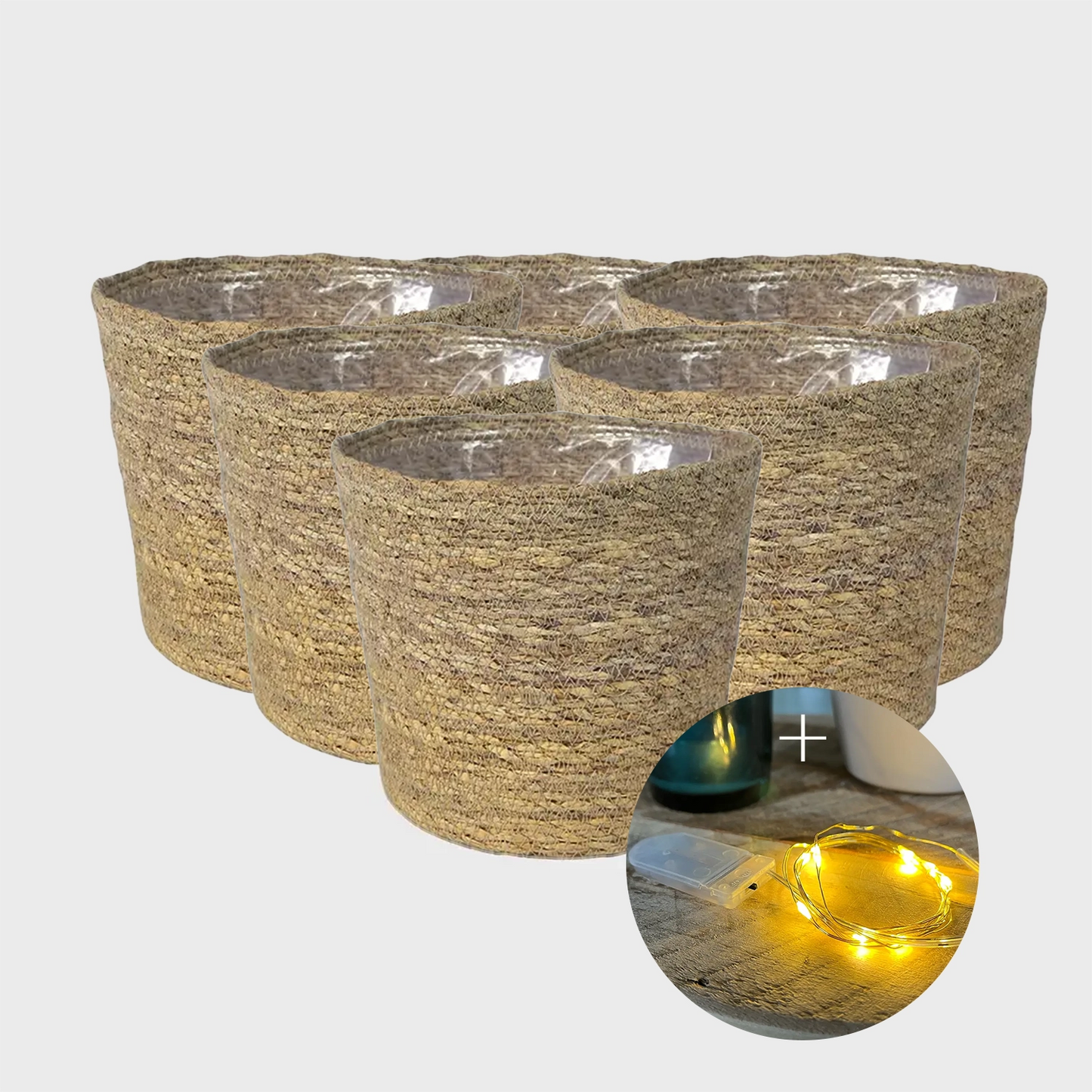 6er Übertopfset 6S Seegraskorb mit Lichterketten 10LED