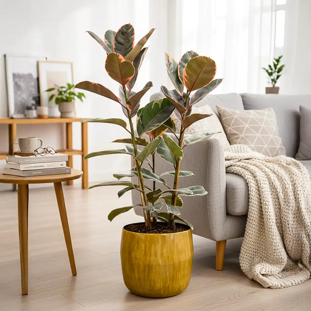 großer Gummibaum im modernen gelben Keramiktopf auf dem Boden im gemütlichen Zuhause