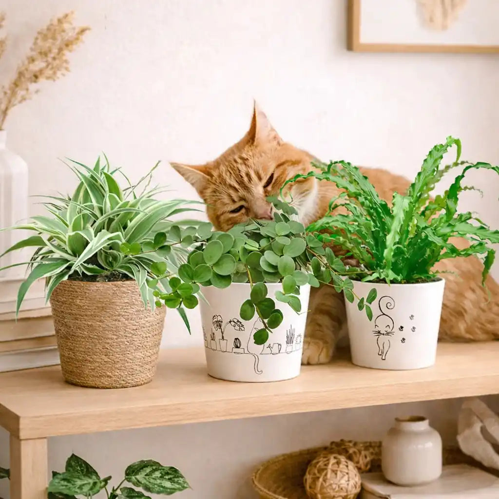 katzenfreundliches Pflanzentrio mit passenden Übertöpfen und neugieriger Katze