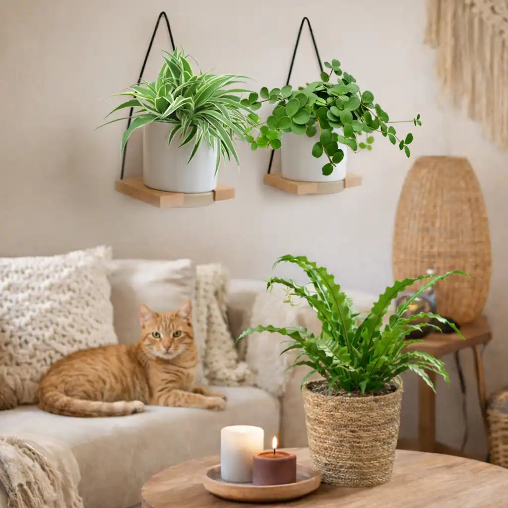 hängendes Katzenliebe Set mit 3 ungiftigen Hängepflanzen an der Wand und auf dem Tisch mit neugieriger Katze