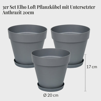 3er Set Elho Loft Pflanzkübel mit Untersetzer 20cm